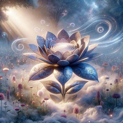 The primary subject of the image is a large, intricately designed blue flower, which appears to be a part of a digital art or illustration. The flower is surrounded by a cloudy, whimsical background, giving the scene a dreamy and surreal atmosphere. The visual style of the image suggests that it is a digital art or illustration, rather than a photo or a traditional drawing. The dominant colors in the image are blue and white, with the blue flower being the focal point of the scene.